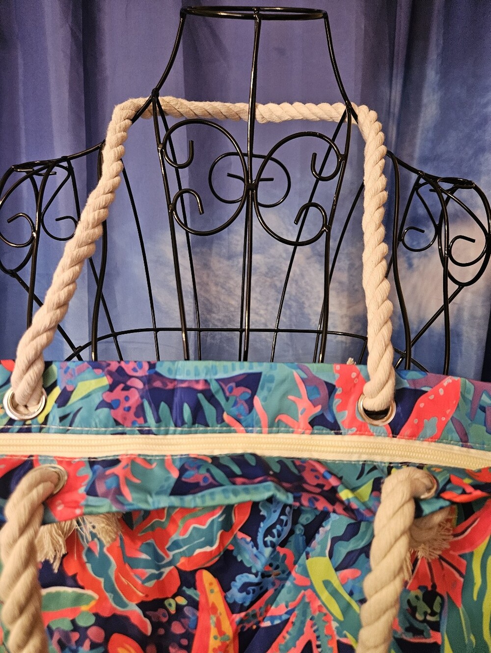Tropical Starfish Print Rope-Handle Tote Bag - Navy & Multicolor - Picture 5 of 9